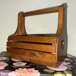 Vintage Wooden Slatted Storage Basket Caddy with Heart Cutout Handle